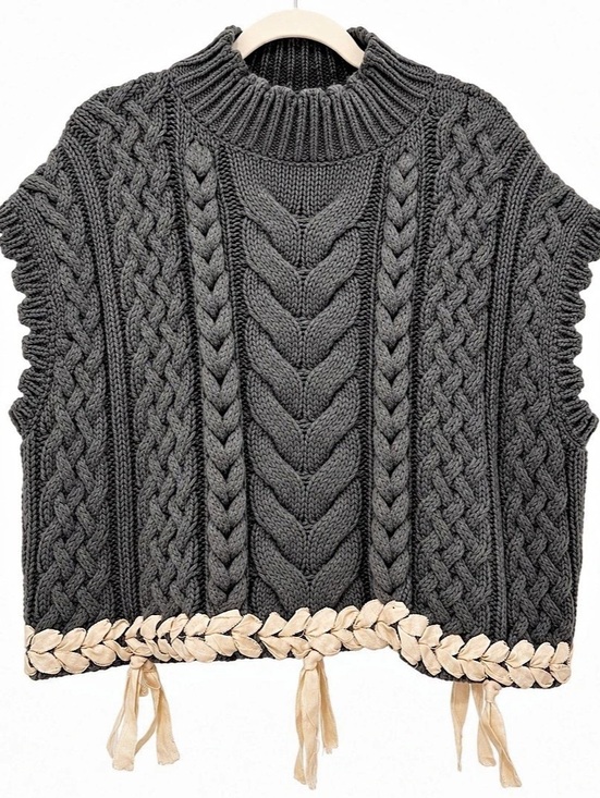 Zara Sweaters - Zara Charcoal Cable Knit Artisan Sweater Vest Fringe Boho Cottagecore SZ Medium